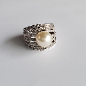 Faux Pearl and CZ Silvertone Bridal Right-hand Ring, Size 11